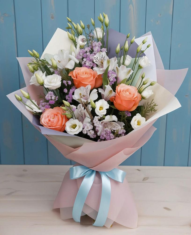 Букет цветов из: Лизиантусы, Розы, Альстромерии и Гипсофила в Орловке Воронежской области