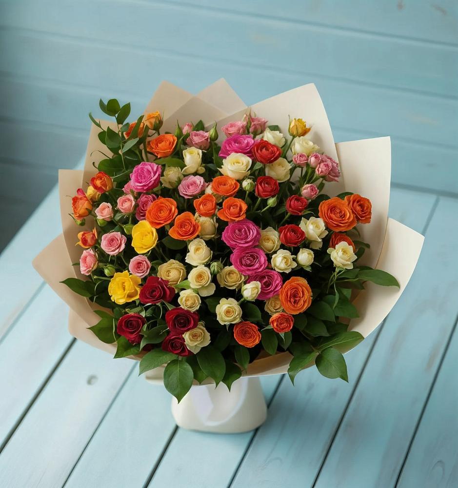 Букет Микс из разноцветных кустовых роз в Орловке Воронежской области